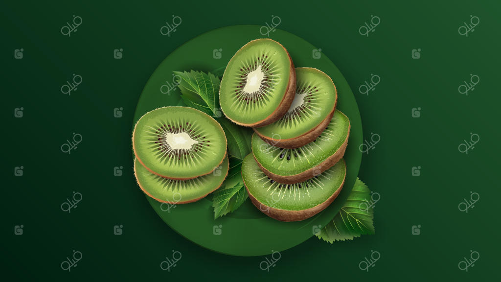 دیس کیوی برش‌خورده با برگ‌ها.