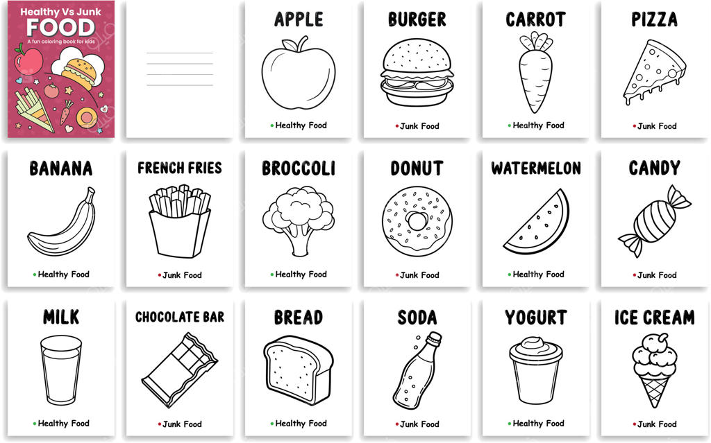 کتاب رنگ‌آمیزی غذای سالم در برابر غذای ناسالم برای کودکان، برگه فعالیت غذایی برای بچه‌ها.