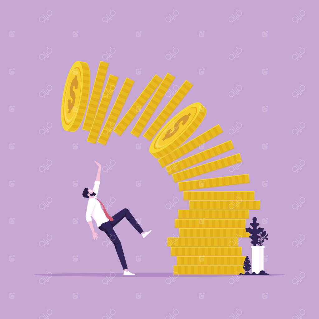 تصویر مفهومی از مرد یا تاجر زیر انبوهی از سکه‌های در حال سقوط