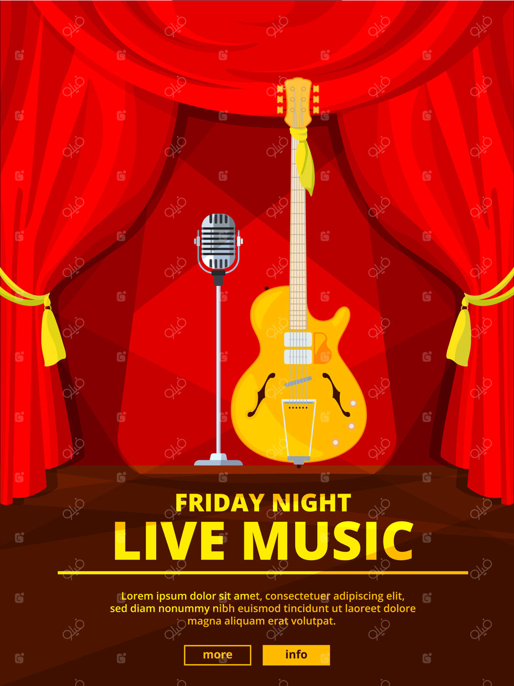 پوستر دعوت به کنسرت زنده موسیقی: تصویر میکروفون قدیمی و گیتار آکوستیک. پوستر دعوت به کنسرت زنده موسیقی