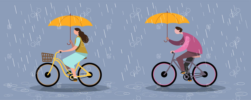 در فصل بارندگی، همیشه باران می‌بارد و بنابراین دوچرخه‌سواران باید برای محافظت در برابر باران چتر به همراه داشته باشند. طراحی تصویر برداری مسطح