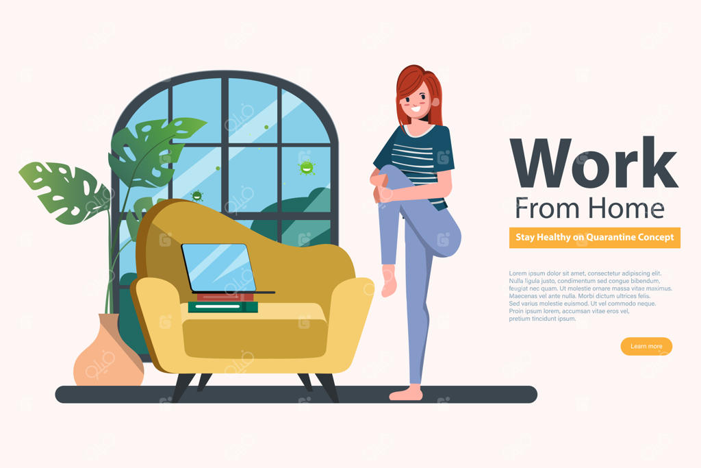 زنی شاغل در خانه می‌ماند تا از گسترش ویروس کرونا در دوران کووید-۱۹ جلوگیری کند. کار از خانه برای حفظ سلامتی. تمرین یوگا برای آرامش.