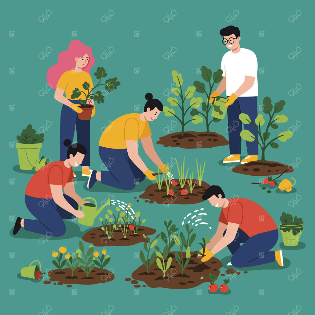 تصویری از گروهی که به صورت جمعی در باغچه گل و سبزیجات می کارند