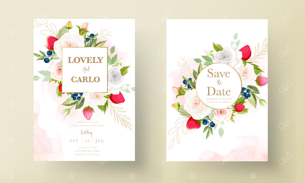 کارت دعوت عروسی با طراحی دستی زیبا از گل‌های رز و توت‌فرنگی