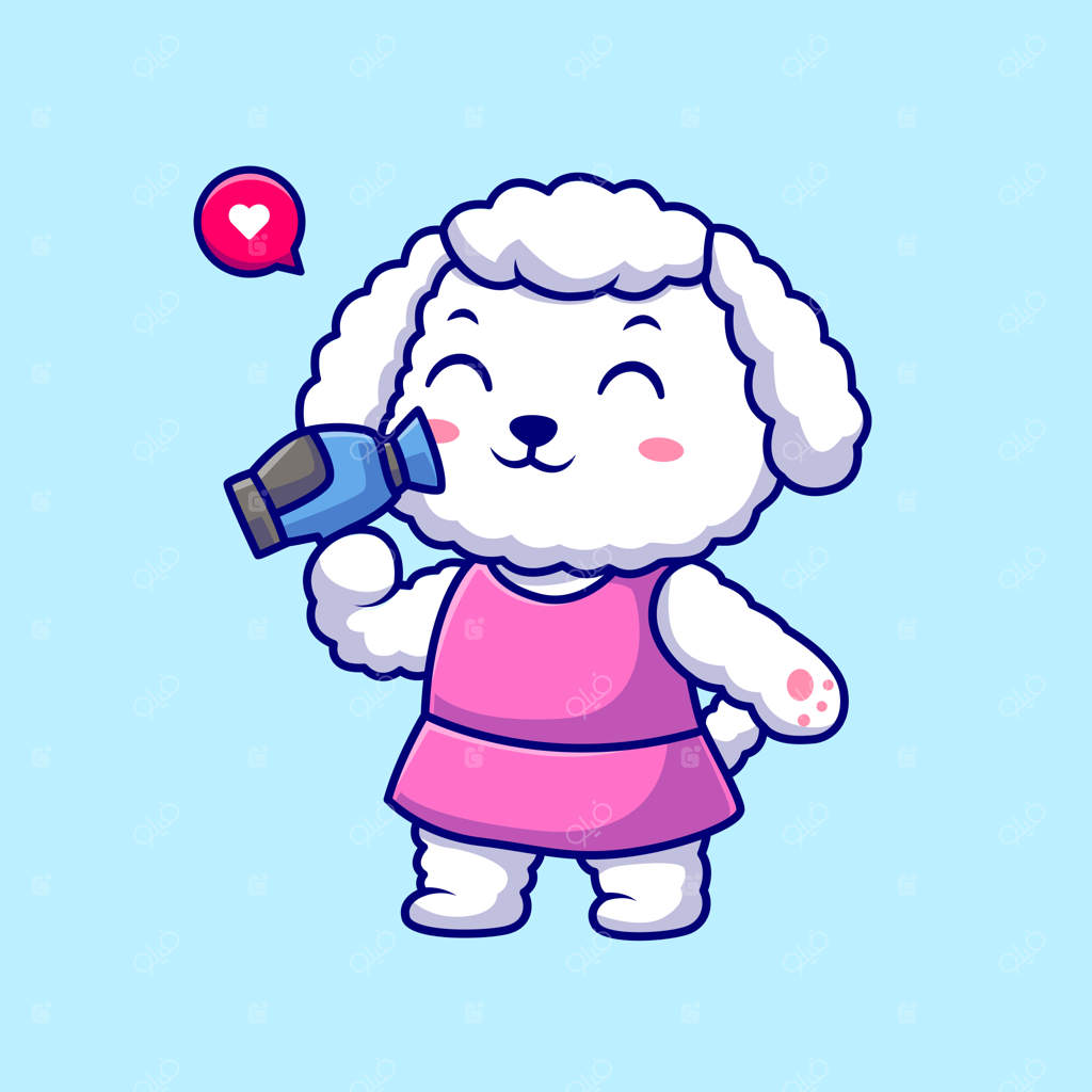 تصویر کارتونی وکتور ایکون پودل بامزه با سشوار. تکنولوژی حیوانات به صورت مسطح و ایزوله