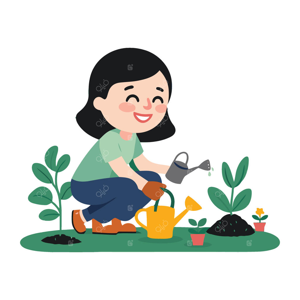 زنی در حال آبیاری گیاهان در باغ است