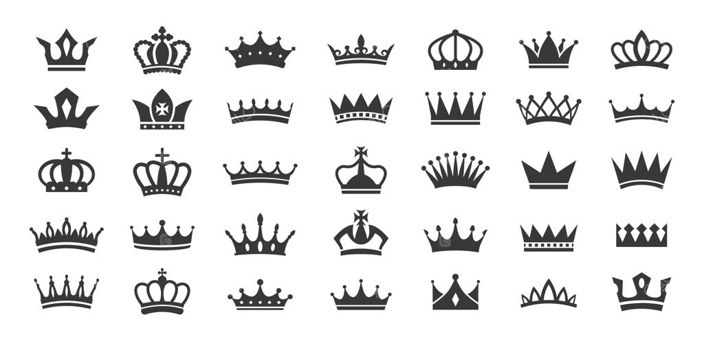 مجموعه آیکون‌های سیلوئت تاج‌های سلطنتی، تاج پادشاه و نیم‌تاج ملکه؛ پیکتوگرام‌های وکتور و استنسیل لوکس، ممتاز و باشکوه