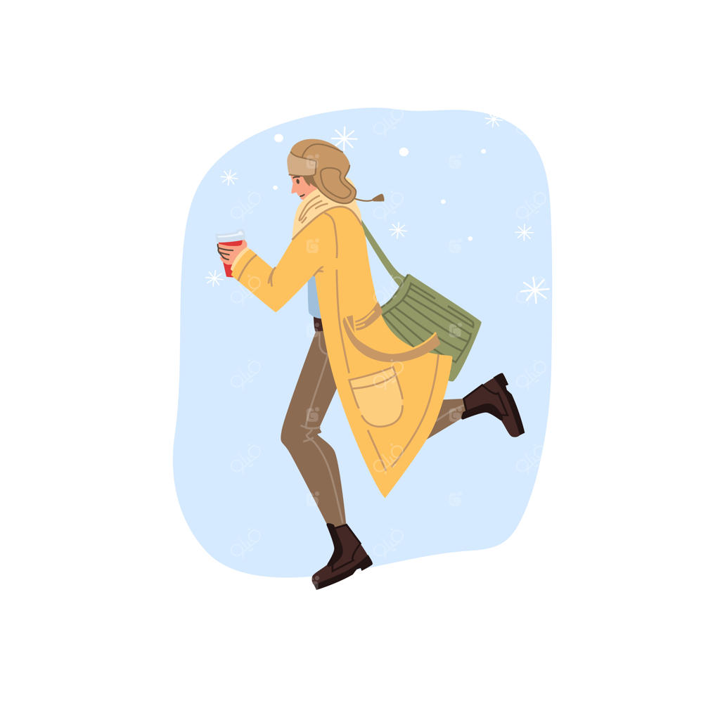 شخصیت کارتونی مسطح در حال قدم زدن در برف زمستان با یک فنجان قهوه در دست
