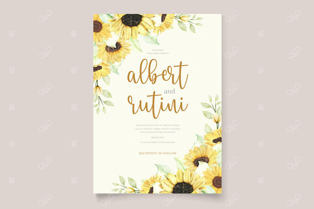 مجموعه کارت دعوت عروسی با طرح گل آفتابگردان آبرنگی
