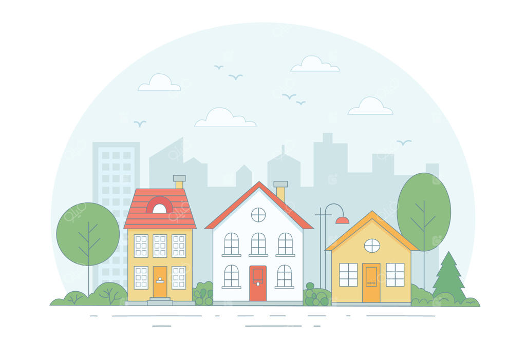 محله حومه‌ای زیبا با خانه‌های دنج به سبک فلت، چشم‌انداز شهر، درختان و آسمانی پاستلی. ایده‌آل برای املاک و معماری یا موضوعات مربوط به زندگی شهری