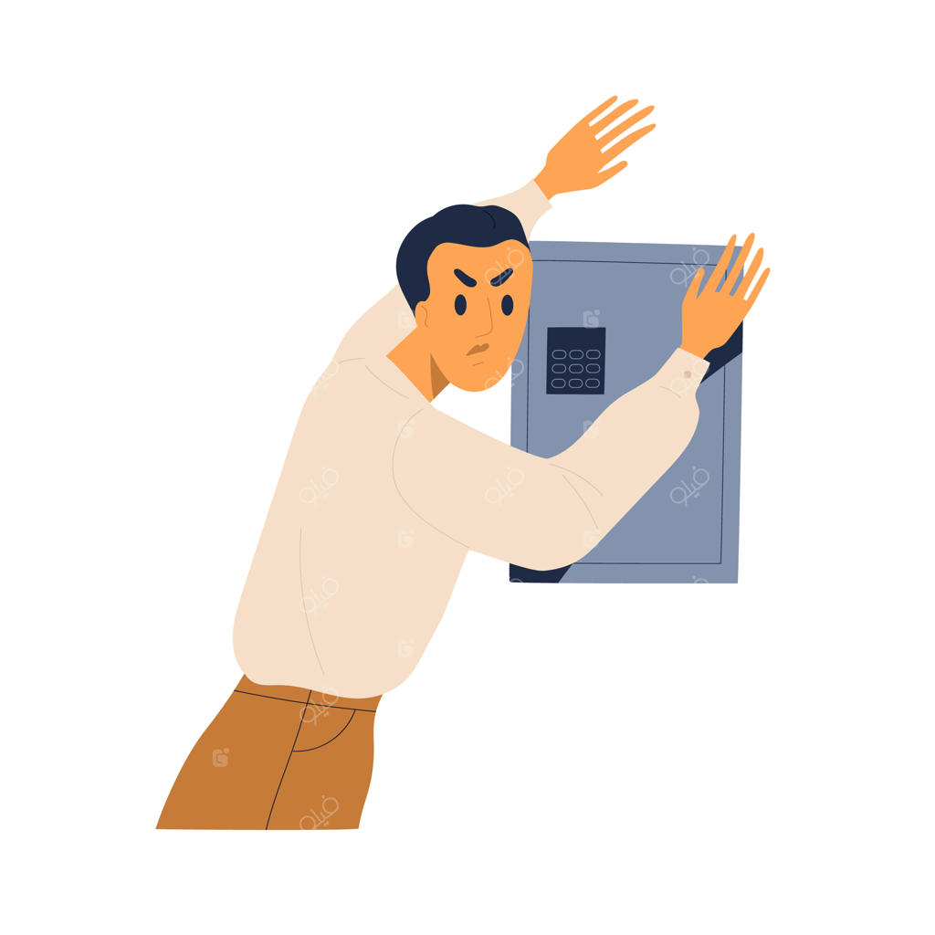 مرد جوان عصبی در حال محافظت از گاوصندوق بسته - مفهوم حفاظت از پول. فرد ثروتمند و نگران کنار صندوق‌ امانات. تصویرسازی کارتونی وکتور.