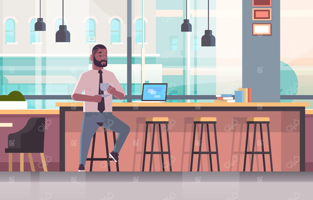 تاجر نشسته روی صندلی در پیشخوان بار با لپ‌تاپ - مفهوم استراحت با قهوه - مرد تاجر در حال نوشیدن کاپوچینو - دکوراسیون مدرن کافه - نمای کامل
