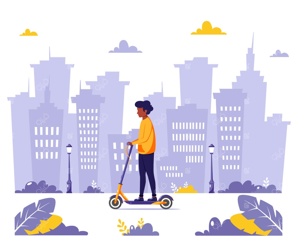 مرد سیاه‌پوست در حال سواری با اسکوتر برقی؛ مفهوم حمل و نقل سازگار با محیط زیست. نمای تخت.