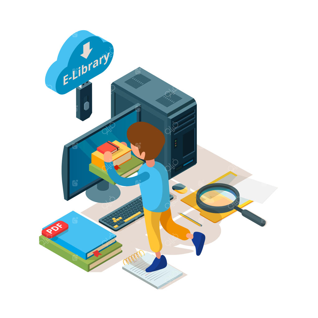 طرح ایزومتریک کتابخانه و آموزش آنلاین؛ آرشیو دیجیتال کتاب، مطالعه و یادگیری دانشجویان و دانش‌آموزان