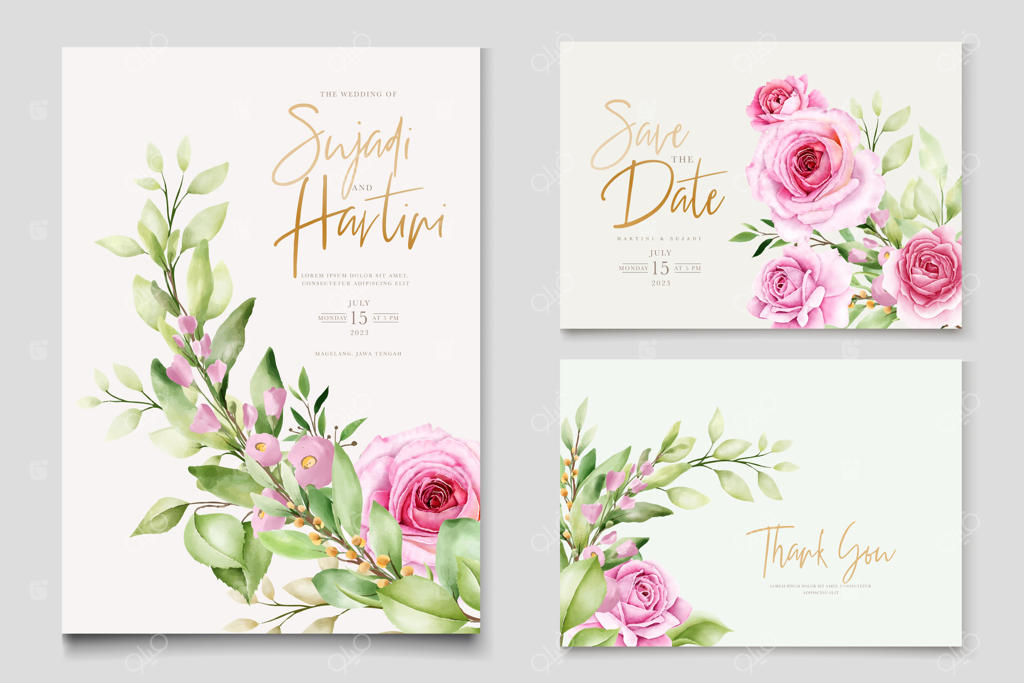 کارت آبرنگی با طرح گل‌های رز در رنگ‌های صورتی و سبز