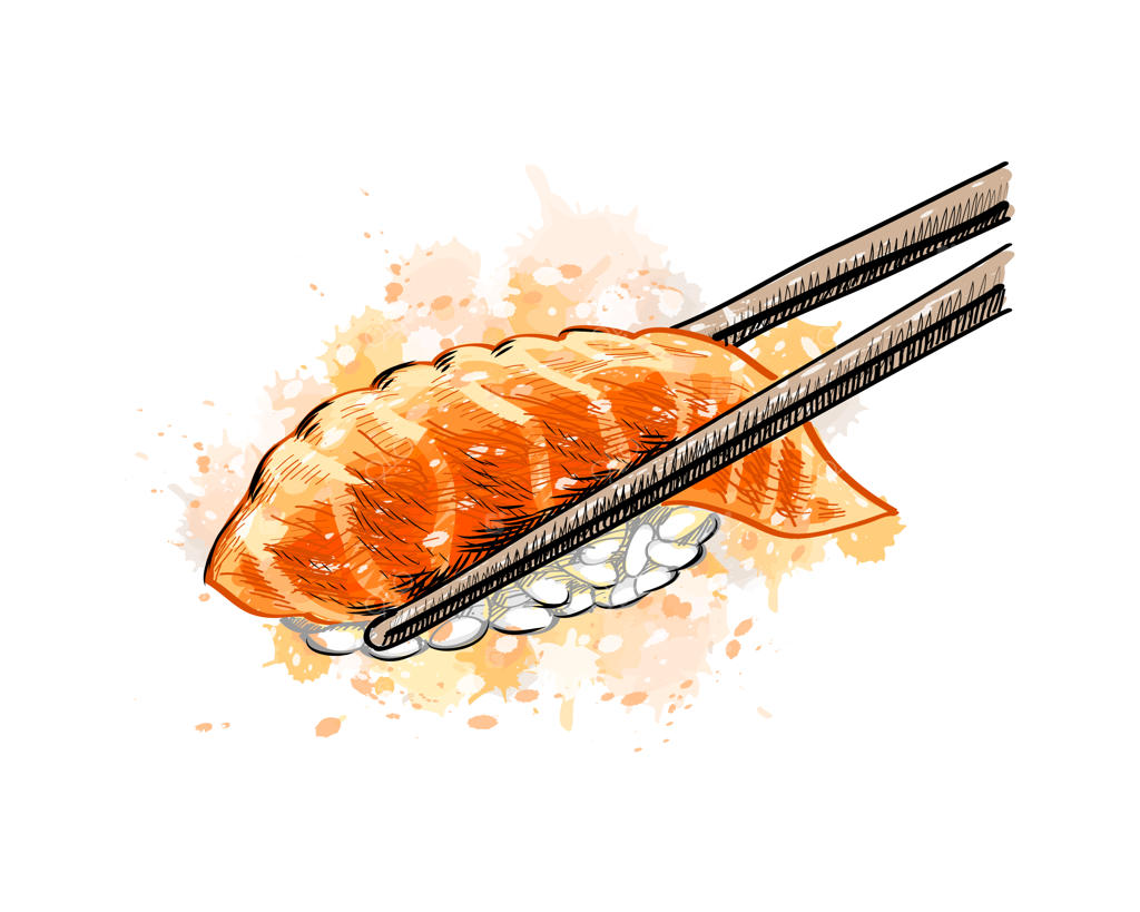 گانکان سوشی با سالمون از یک پاشیدن رنگ‌آب، طرح کشیده شده به‌دست، تصویر نقاشی شده با رنگ‌ها