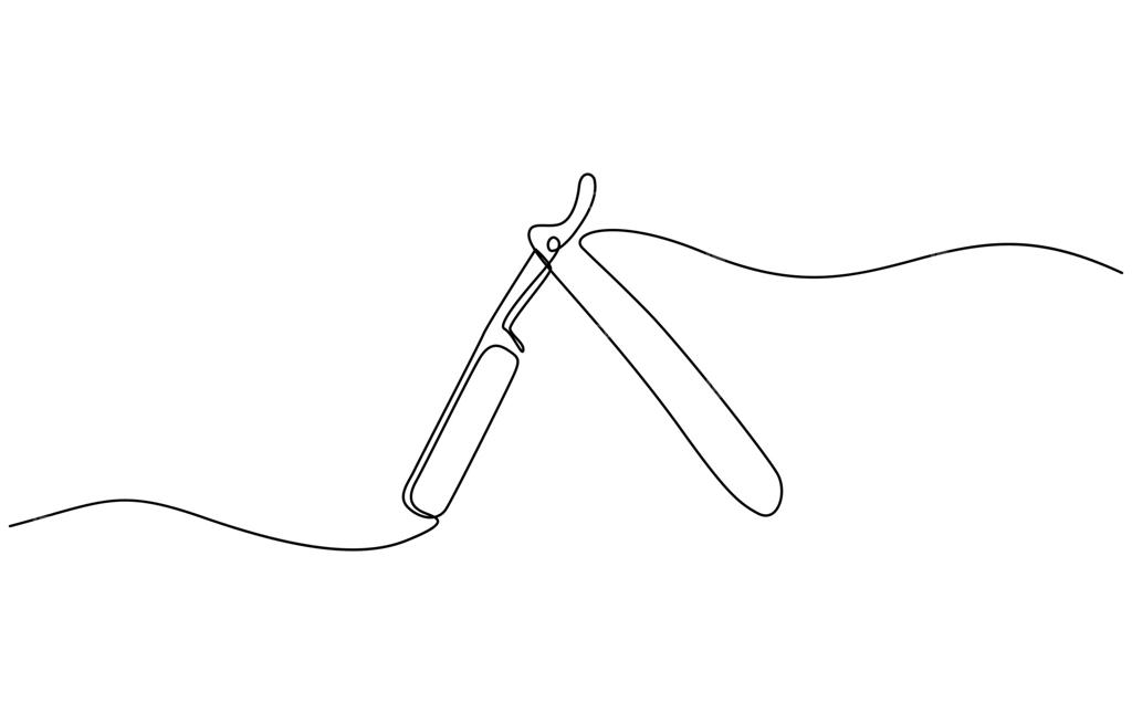 نقاشی خطی پیوسته تیغ‌ صورت‌ تراشی قدیمی، تیغ سلمانی قدیمی بر روی زمینه سفید. طراحی مفهومی آرایشگری.