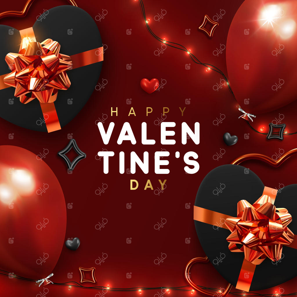 پوستر روز ولنتاین. طراحی پس‌زمینه شیک با رشته‌های نوری درخشان، جعبه کادوی واقع‌گرایانه با قلب و بادکنک قرمز. پوستر تعطیلات، کارت تبریک، هدر، وب‌سایت