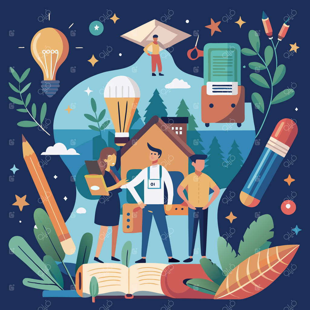 سه نفر در کنار کتابی باز ایستاده‌اند و اطراف‌شان را نمادهای دانش و خلاقیت فرا گرفته است