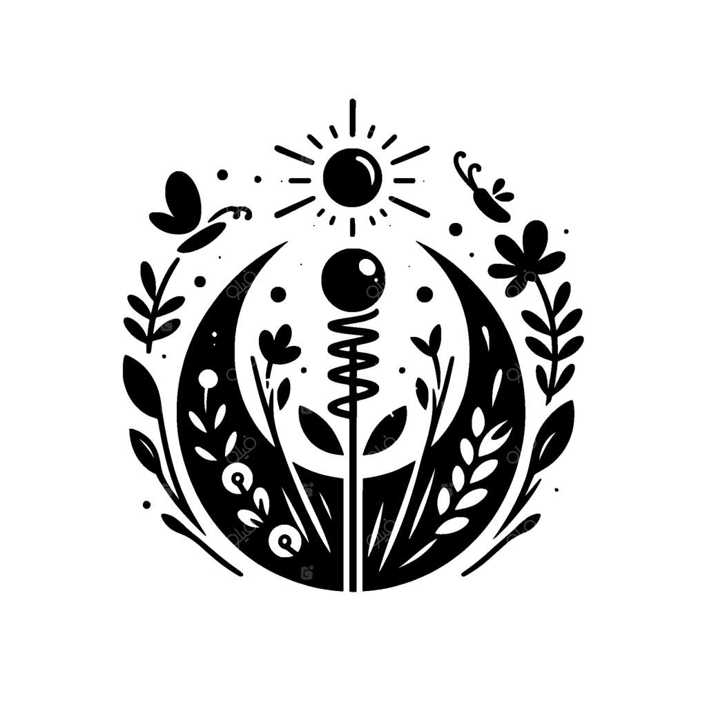 باغ آسمانی: تصویری تک‌رنگ با خورشید، ماه هلالی، گیاهان و جانوران و عنصری انتزاعی در مرکز، خلق‌کننده نشانی اسرارآمیز و هماهنگ.