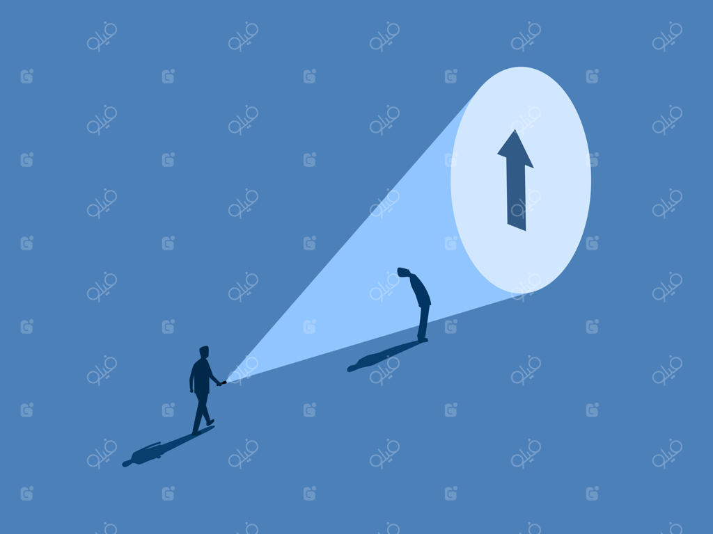 تاجر با چراغ‌قوه راه پیشرفت شغلی را به همکارانش نشان می‌دهد