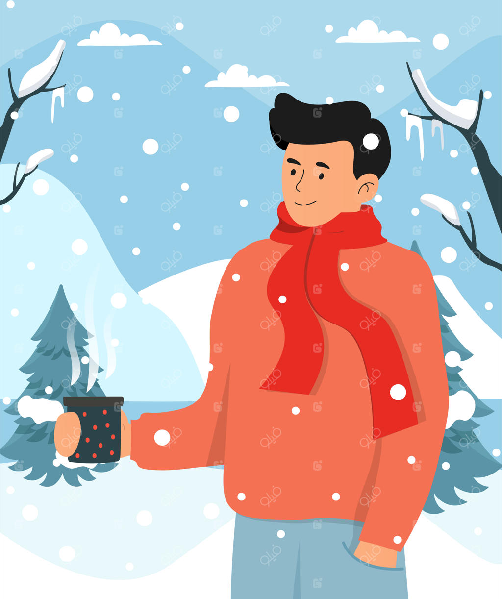 مردی با لباس گرم در منظره زمستانی، فنجان چای یا نوشیدنی داغ برای گرم شدن می‌نوشد