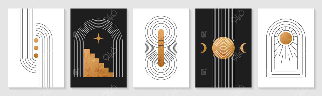 پوسترهای طاق‌دار ذن، اشکال هندسی خطی بوهو مدرن و فیگورهای ساده مینیمال. مجموعه وکتور طرح جلد، هنر دیواری انتزاعی با المان‌های معاصر، خورشید و ماه طلایی به سبک بوهیمیایی ترندی