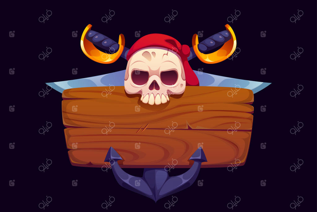 تخته‌چوبی دزدان دریایی با جمجمه، شمشیر و لنگر