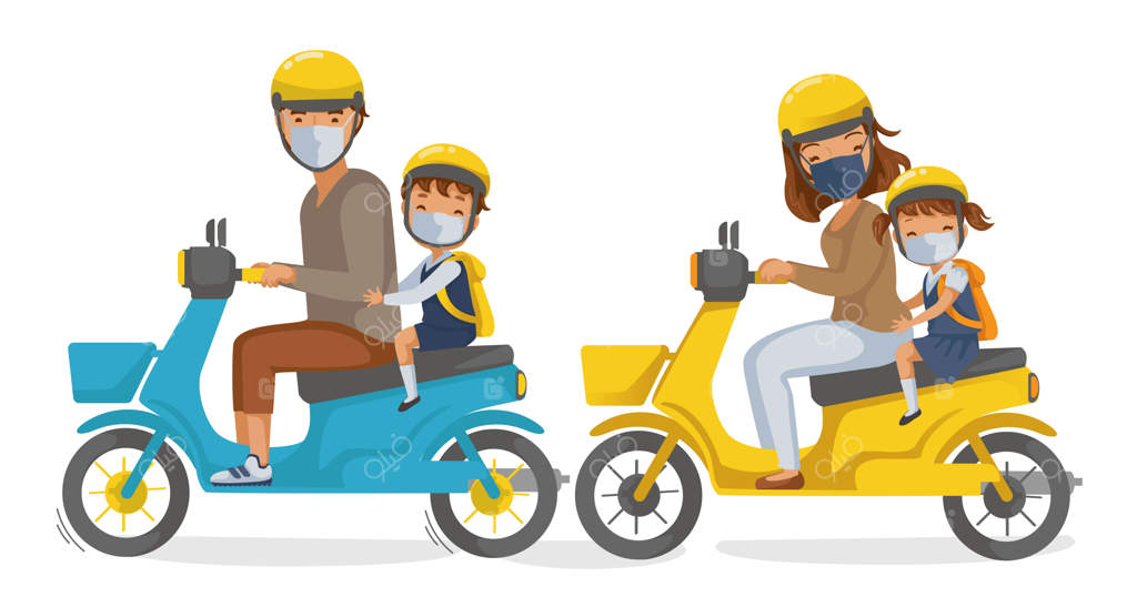 لباس فرم کودکان. خانواده‌ای با ماسک سوار موتورسیلکت. بازگشت به مدرسه. والدین راننده موتور.