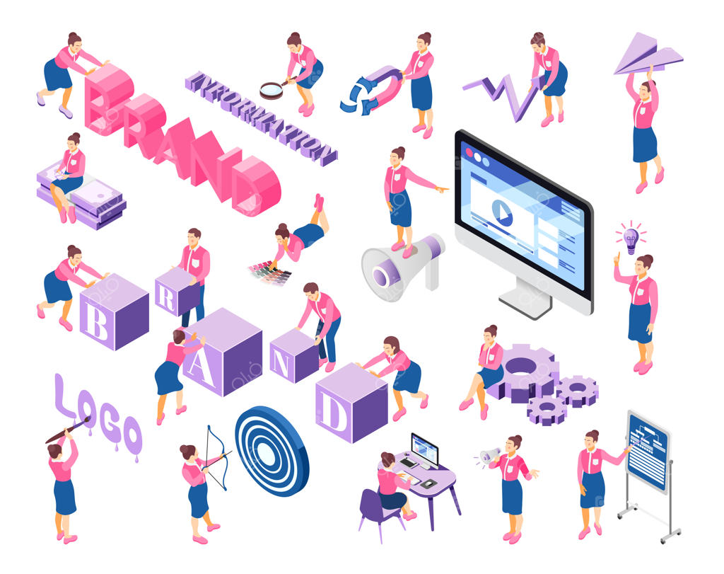 مجموعه نمادهای بلوک‌سازی برند با آیکون‌های ایزومتریک و رنگ‌آمیزی مجدد، هدف‌، همکاری تیمی و طراحی لوگو سایت، وکتور ilustration.