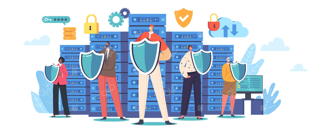 مردمی که با سپر از سرور یا هارد دیسک‌ها محافظت می‌کنند - مفهوم بانک‌اطلاعاتی امن و ذخیره‌سازی ایمن آنلاین