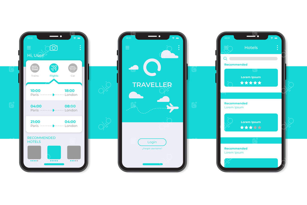 قالب رابط کاربری برنامه رزرو سفر به سبک مینیمالیستی