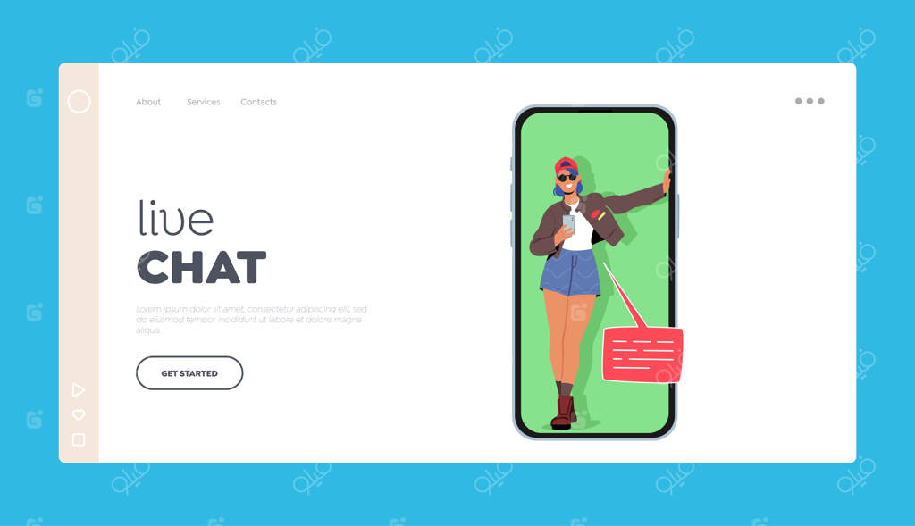 قالب صفحه ورود چت زنده دختر جوان در حال گفتگو و پیام‌دادن در شبکه اجتماعی دختر مدرن