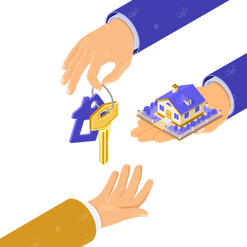 خرید، فروش، اجاره و رهن خانه: مفهوم ایزومتریک برای پوستر، صفحه فرود و تبلیغات با تصویر کلید و خانه در دست، سرمایه‌گذاری در املاک و مستغلات.