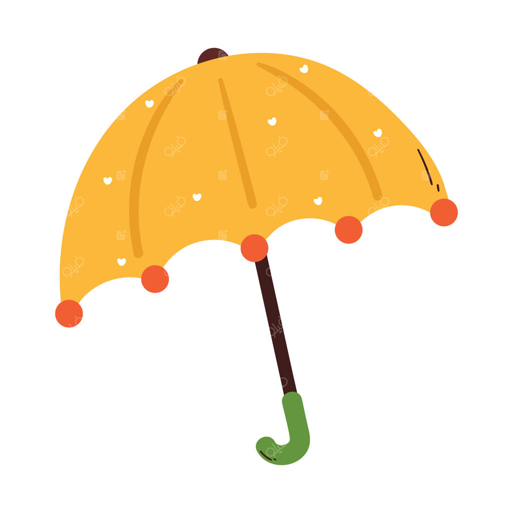طراحی دستی چتر کارتونی زرد با بارش قلب. چتر بامزه برای استیکر و آیکون