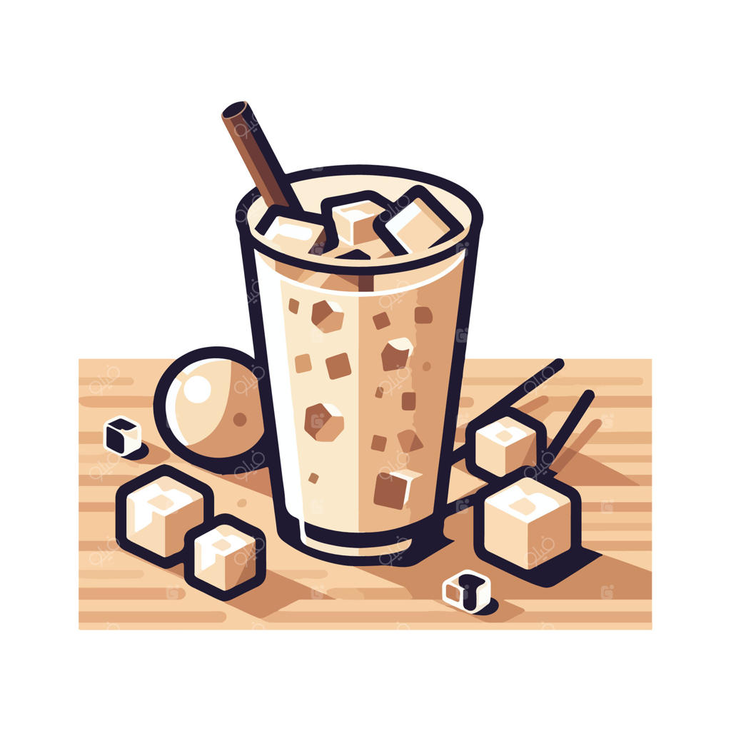 یک لیوان قهوه یخ با تکه‌های یخ و یک نی