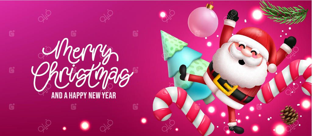 طراحی وکتور تبریک کریسمس: متن "کریسمس مبارک" همراه با شخصیت بابانوئل معلق و آبنبات.