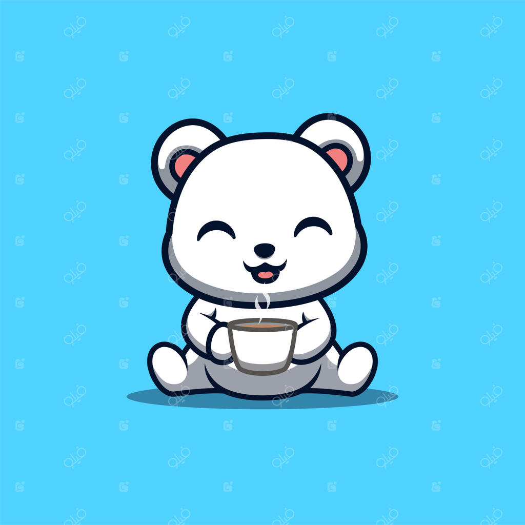 لوگوی بامزه و خلاقانه کارتونی خرس قطبی در حال نوشیدن قهوه