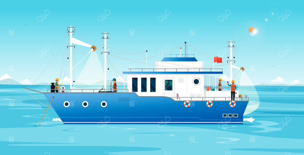 ماهیگیران با استفاده از تورها در قایق در حال صید ماهی هستند.