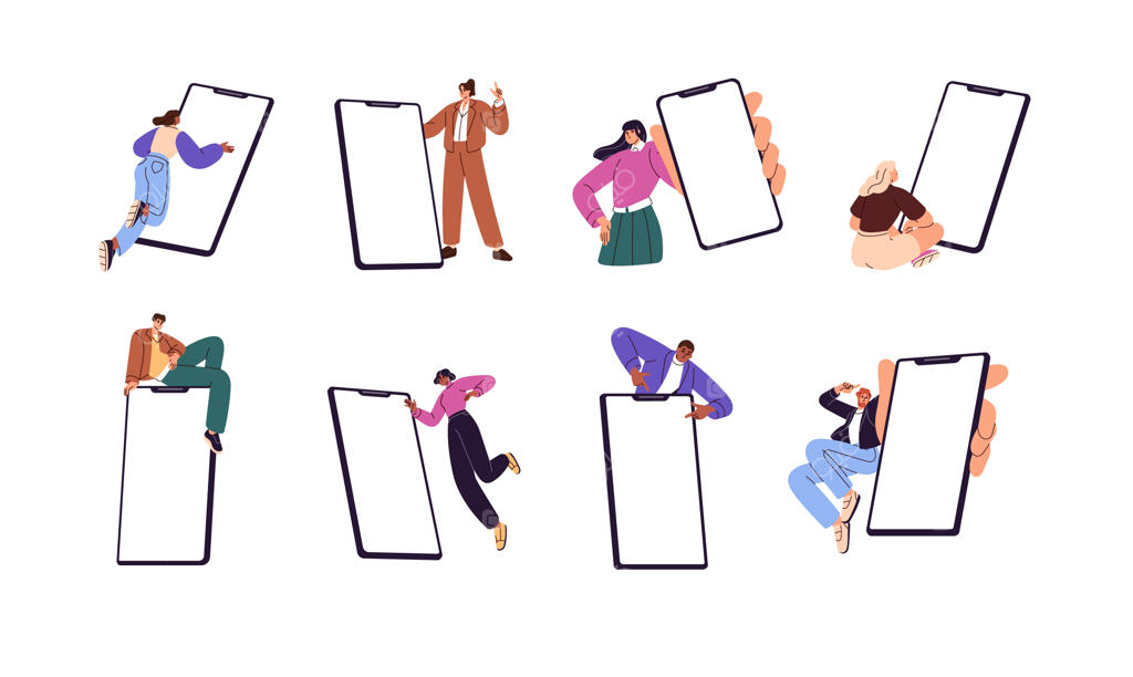 وکتور آدمک‌های کوچک در حال نشان دادن صفحه موبایل؛ زنان و مردان گوشی به دست که با انگشت به صفحه خالی تلفن هوشمند اشاره می‌کنند - تصویرسازی فلت ایزوله روی پس‌زمینه سفید