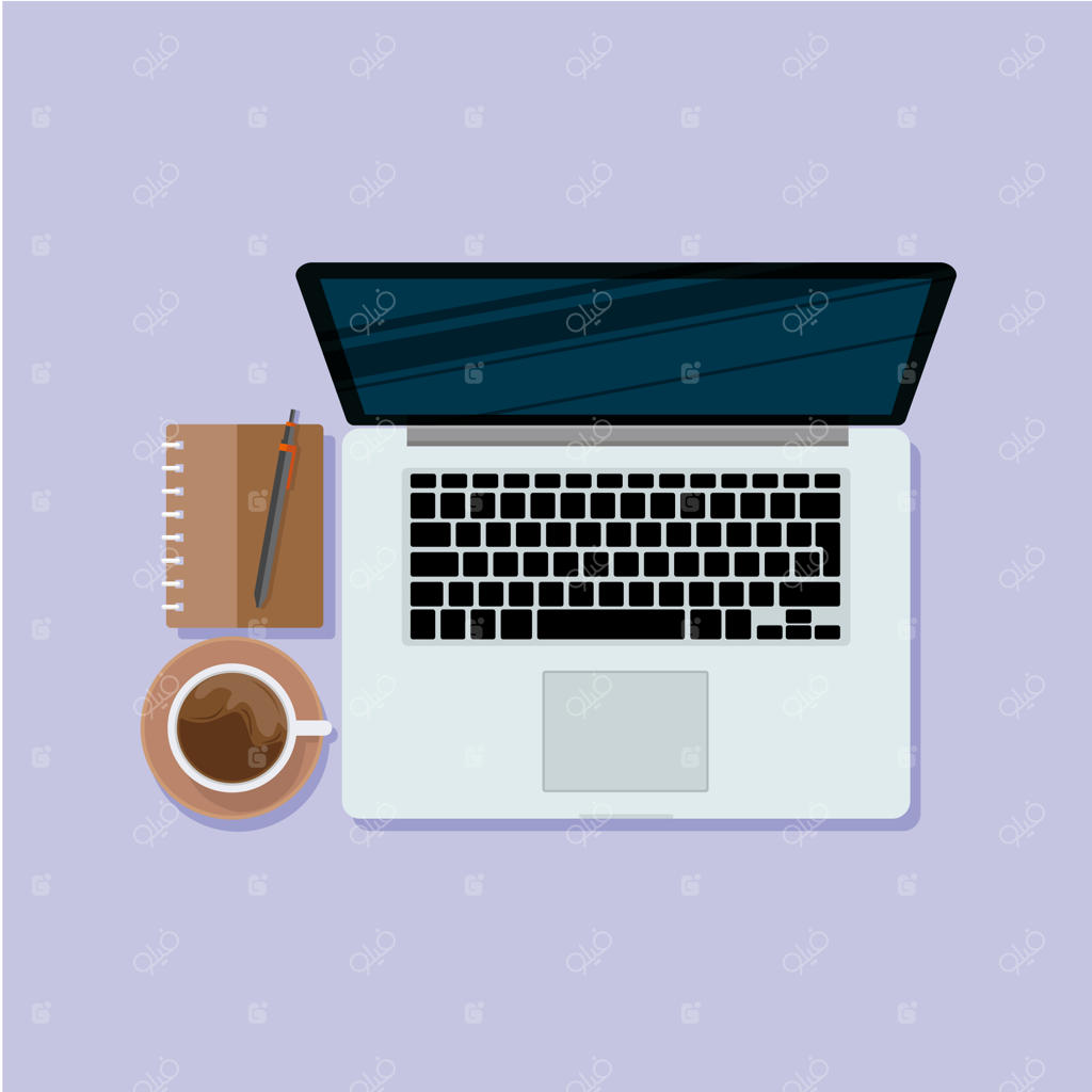 طرح لپ‌تاپ با قهوه و دفترچه کاری.