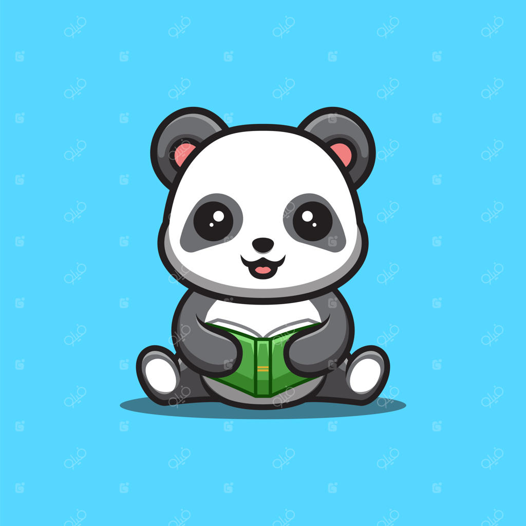 لوگوی مسکات پاندای کارتونی بامزه و خلاقانه نشسته در حال خواندن کتاب
