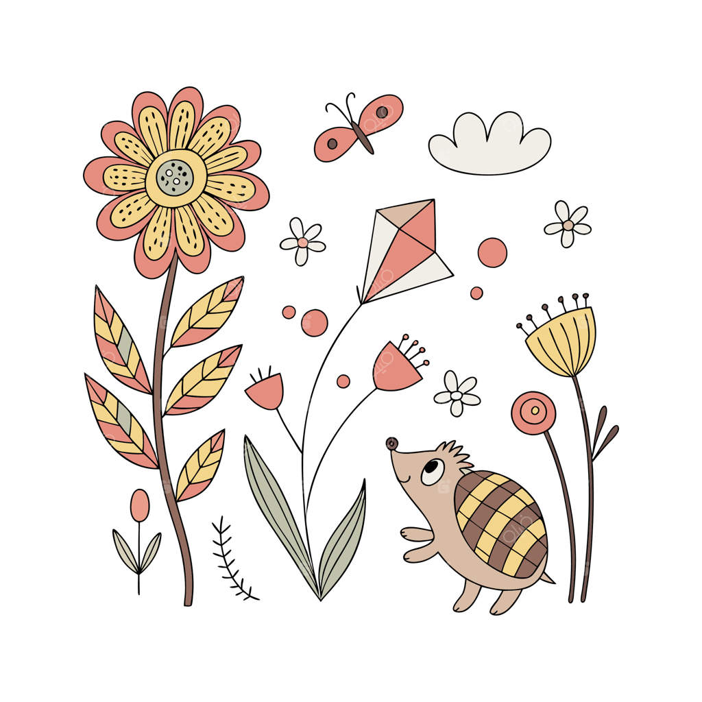 یک جوجه‌تیغی بامزه و گل‌ها در باغچه گل‌ها قرار دارند