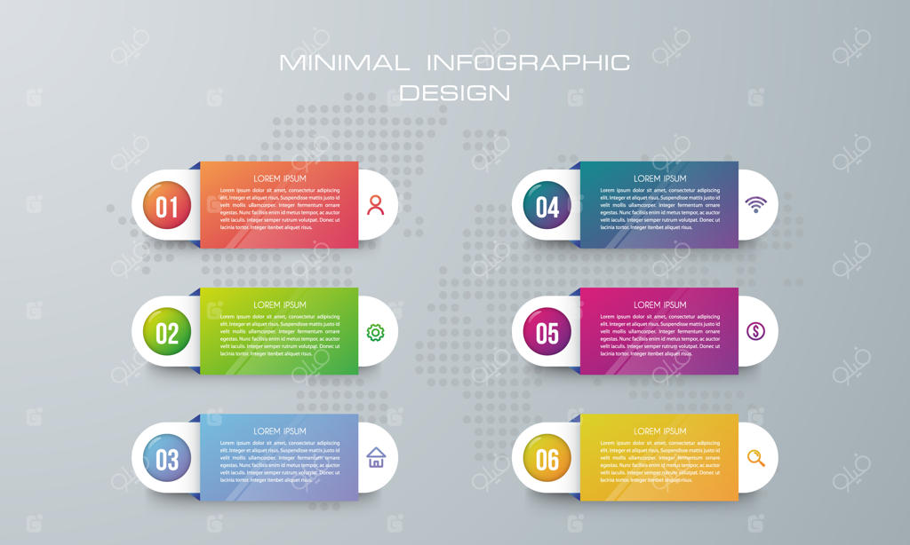 قالب اینفوگرافیک با ۶ گزینه؛ نمودار جریان و فرآیندها