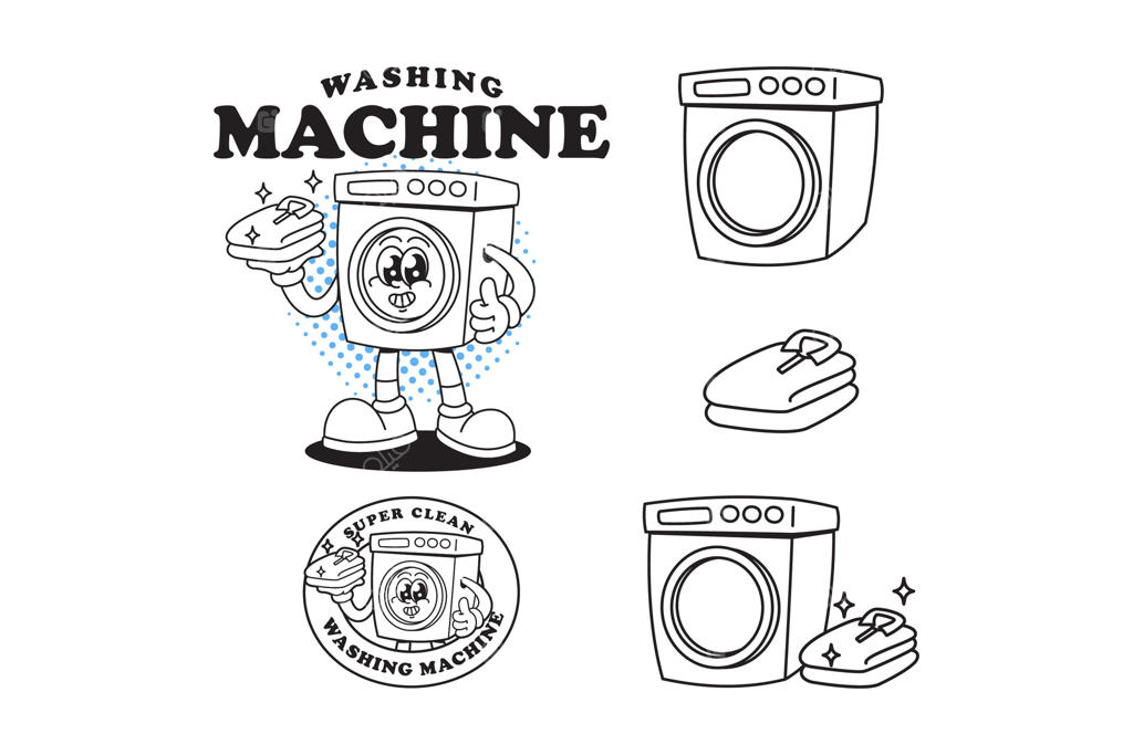 مجموعه کارتونی ماشین لباسشویی قدیمی با نشان دادن شست بالا و نگه‌داشتن لباس‌های تاشده. لوگوی شخصیت کارتونی ماشین لباسشویی برای خدمات خشکشویی. تصویرسازی سرگرم‌کننده لوازم خانگی.