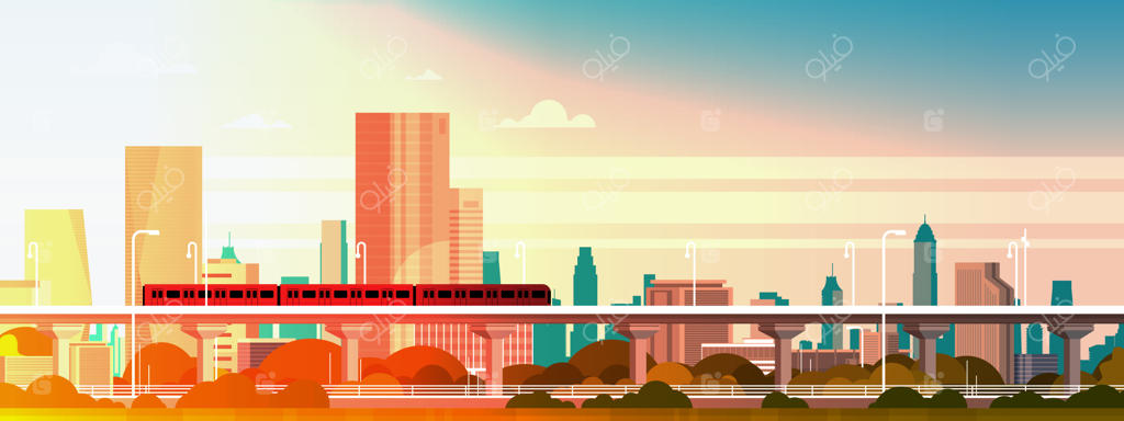 قطار مترو هنگام غروب در پانورامای شهر مدرن با آسمان‌خراش‌های بلند، تصویرسازی شهری