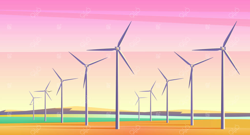 تصویری از آسیاب‌های بادی چرخشی به عنوان منبع انرژی جایگزین در دشتی وسیع با غروب آسمان صورتی. جلوه نویز دوربین فیلم.