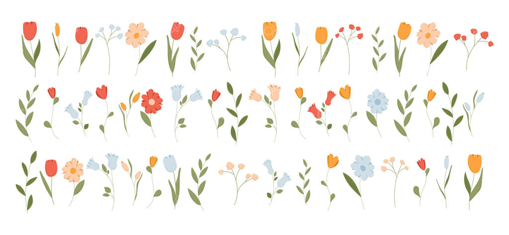 مجموعه گل‌های زیبا بهاری: عناصر گل و گیاه مسطح. برگ‌های تابستانی از باغ. گرافیک ساده طبیعت با برگ‌ها. طراحی مدرن و مینیمال شاخه‌های عید پاک.