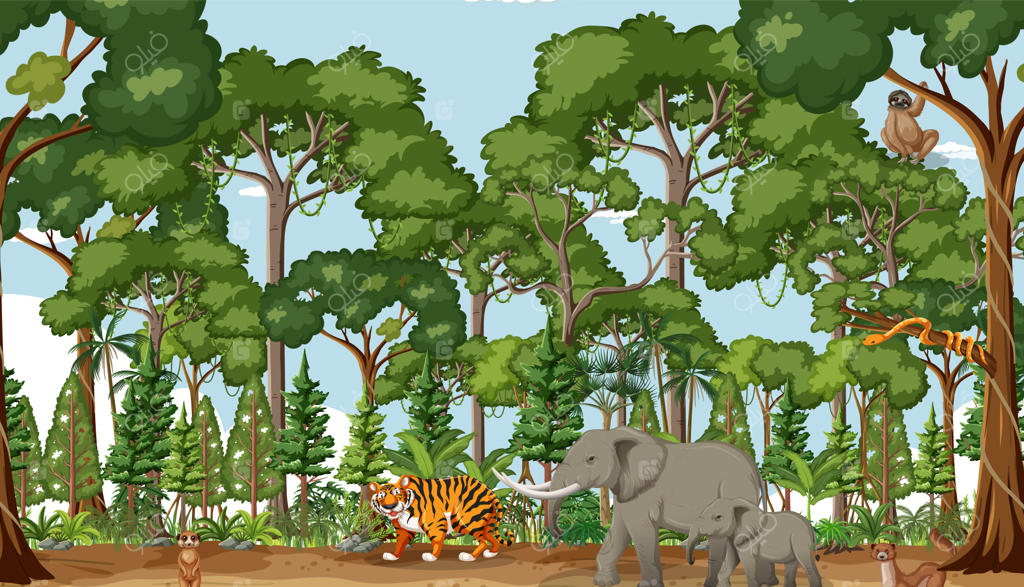 صحنه‌ای از جنگل با حیوانات وحشی