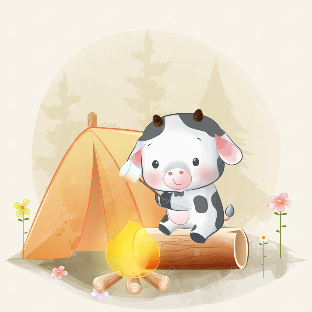 تصویرسازی آبرنگ گوساله‌های بامزه در حال کباب کردن مارشمالو روی آتش